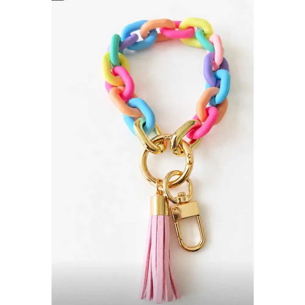 Acrylic Rainbow Pink Tassel Key Chain Wrislet New